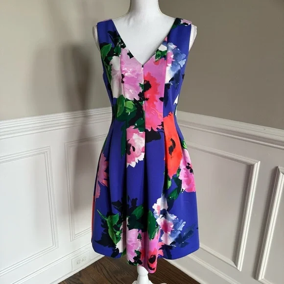 Vince Camuto | Dresses | Vince Camuto Blue Pink Floral Fit And Flare Midi  Dress With Vneck Size 8 | Poshmark